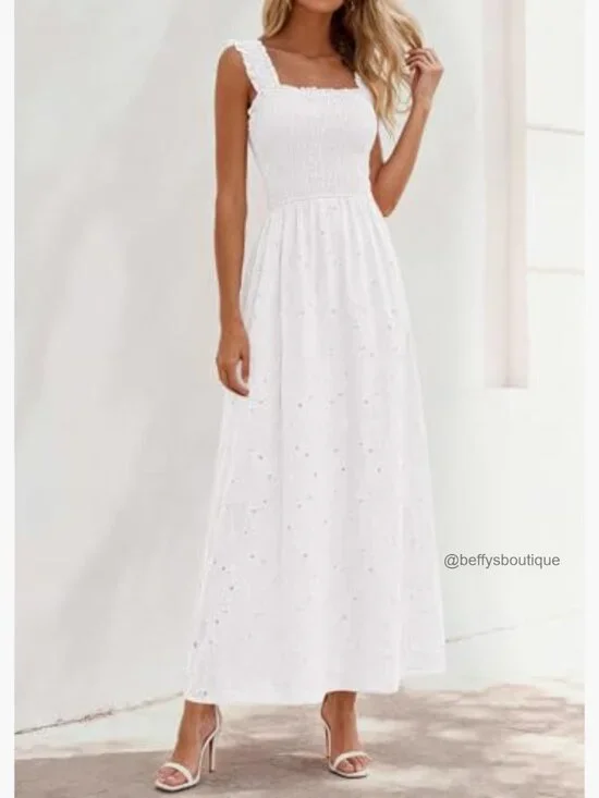 Sleeveless Cotton Maxi Dress with Lace, Smocked Waist, Pockets - Picture 3 of 7